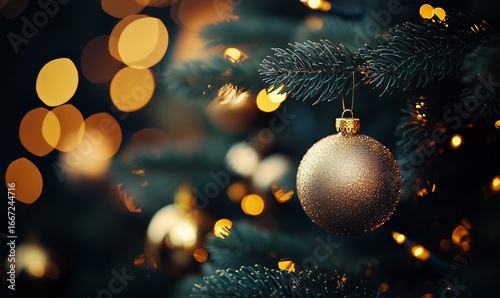 Sparkling Golden Ornament Hanging on a Christmas Tree With Blurred Lights in ...