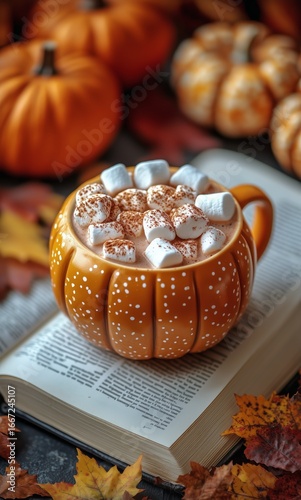 Warm Pumpkin Spice Drink With Marshmallows on an Open Book Surrounded by Autu...