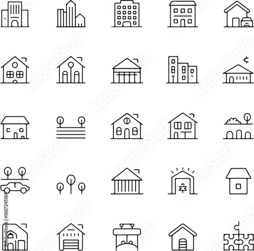 Real Estate icon set. Pack of building, home, apartment, construction, estate and more. Expanded stroke. Property modern icon. 