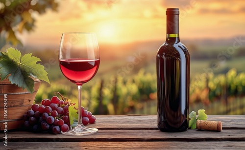 Wine Glass and Bottle in Vineyard at Sunset With Grapes and Nature Setting