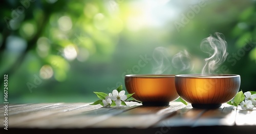 Enjoying Steaming Tea in a Serene Garden Setting Filled With Blooming Flowers.