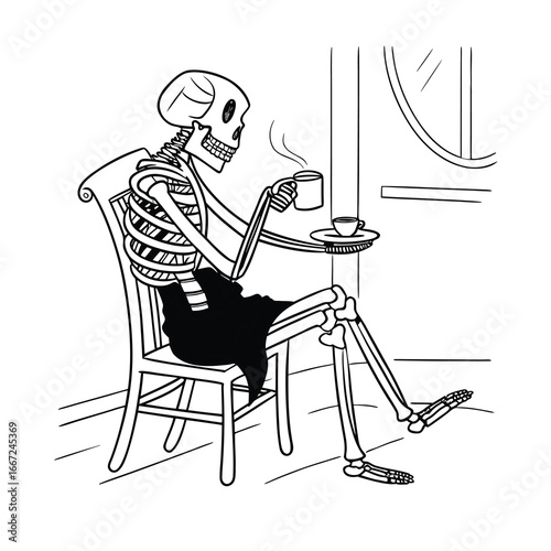 Artistic illustration of a skeletal figure gracefully holding a delicate teacup and saucer in a whimsical setting