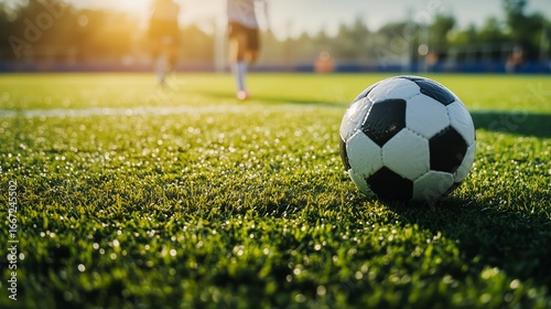 Soccer Ball Rests on Green Grass During Sunset at Practice Field With Players...