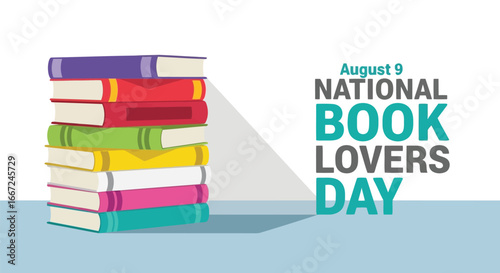 Vector art of happy national book lovers day on august 9th, featuring a colorful stack of books symbolizing the joy of reading and literature