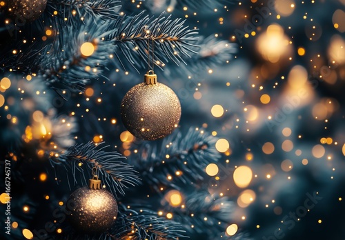 Glimmering Gold Ornaments on a Christmas Tree Illuminated by Soft Lights Duri...