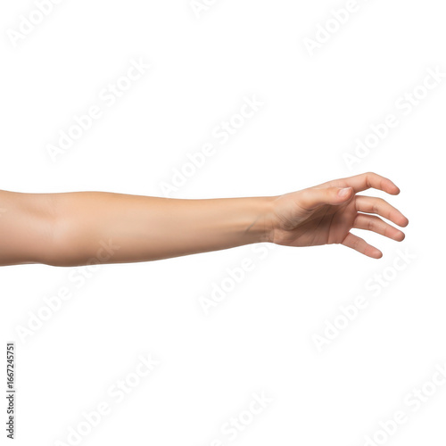 Human arm reaching out with open hand against a stark black backdrop transparent background