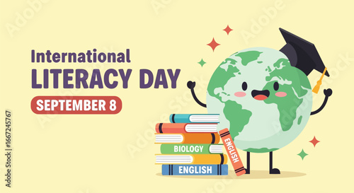 Vector art of international literacy day celebrated on september 8 with a cartoon globe wearing a graduation cap and holding books, promoting education and learning worldwide