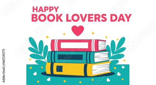 Vector art of happy book lovers day celebration with a stack of books and decorative leaves, conveying a love for reading and literary pursuits