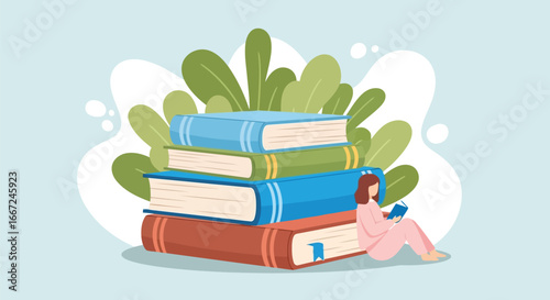 Vector art of a woman engrossed in reading a stack of books, surrounded by green leaves, representing the joy of learning and literature