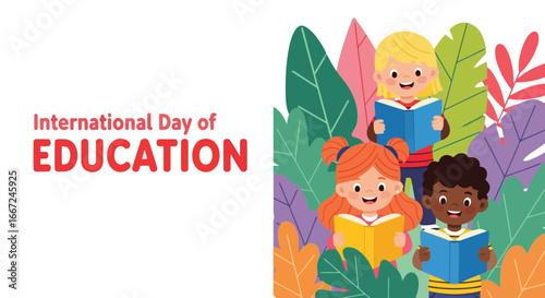 Vector art of international day of education diverse children joyfully reading books surrounded by lush foliage, symbolizing learning and knowledge