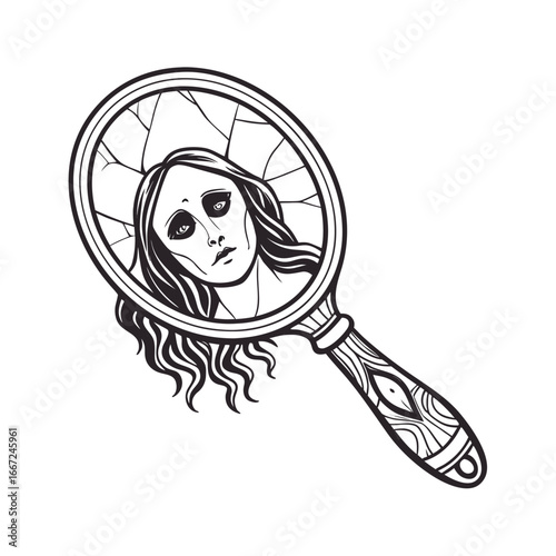 A cracked handheld mirror revealing a subtle ethereal spectral apparition with a vintage aesthetic