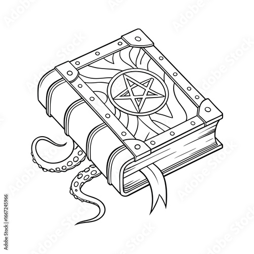 Mysterious ancient closed spellbook with otherworldly tentacles emerging and pushing the letter t