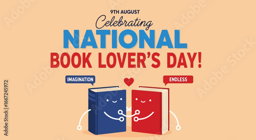 Vector art of celebrating national book lovers day on august 9th with two anthropomorphic books expressing imagination and endless possibilities, fostering a love for reading