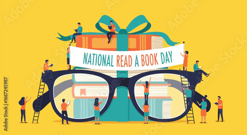 Vector art of national read a book day celebration with people reading books stacked inside giant glasses, symbolizing the joy of literature and learning