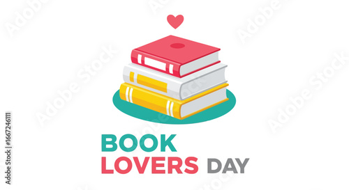Vector art of a stack of three books with a red heart above, symbolizing book lovers day