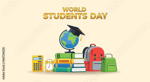 Vector art of world students day celebration with educational items like books, globe, graduation cap, backpack, calculator, and alarm clock, symbolizing learning and academic achievement