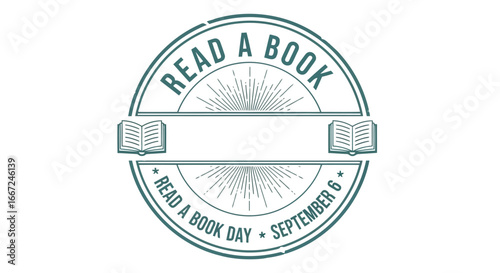 Vector art of read a book day stamp with radiating lines and open books, promoting literature and the joy of reading on september 6th