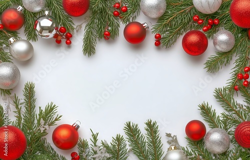 Festive Decorations With Red and Silver Ornaments on Green Pine Branches for ...