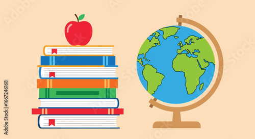 Vector art of a stack of books with an apple on top next to a globe on a light brown background, symbolizing education and knowledge