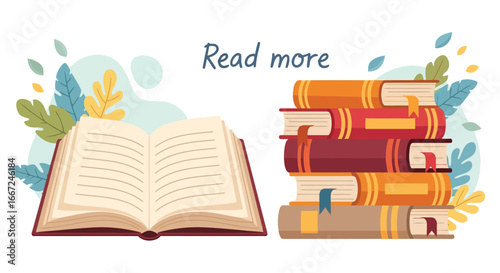 Vector art of an open book and a stack of books with decorative leaves and the words read more on a, promoting reading and literature