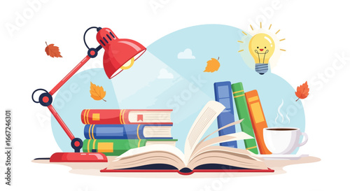 Vector art of cozy reading setup with a stack of books, an open book, a desk lamp, a cup of coffee, and falling leaves