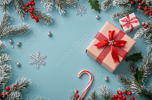 Festive Holiday Gift With Decorations on a Turquoise Background Creates a Che...