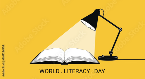 Vector art of world literacy day marked by an open book illuminated by a desk lamp, representing the pursuit of knowledge and the power of education
