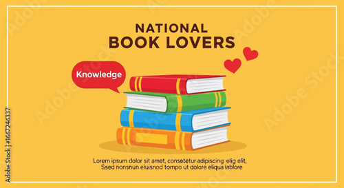 Vector art of national book lovers day celebration with stack of books and hearts symbolizing love for reading and knowledge