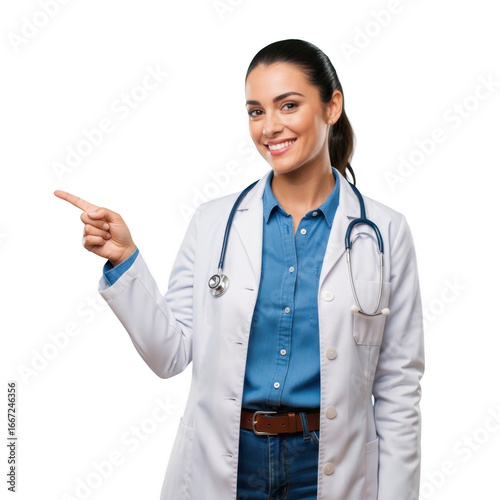 Smiling female doctor in white coat points left with stethoscope ready for medical consultation transparent background