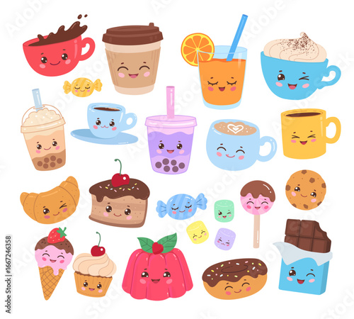 Vector illustration of cute food and drink characters in color. Collection includes desserts, coffee, bubble tea, and candy.