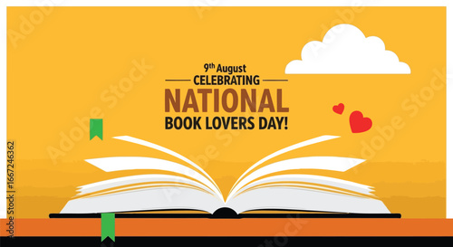 Vector art of august 9th national book lovers day observed with an open book, hearts, and clouds, promoting the love of reading