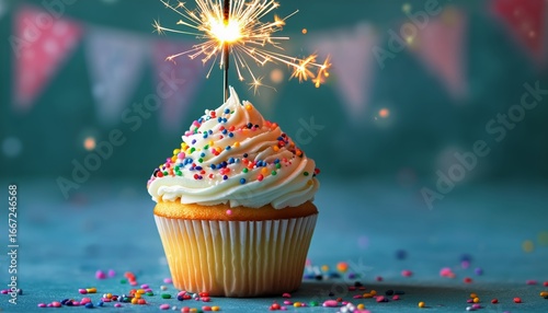 Delightful Cupcake With Sparkler and Colorful Decorations for Party Celebration.