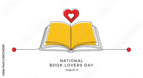 Vector art of open book with a red heart above and text national book lovers day august 9, celebrating the love of reading