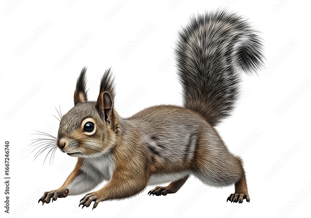 Fototapeta premium A detailed illustration of a squirrel, showcasing its intricate fur patterns and dynamic pose against a pure black background.