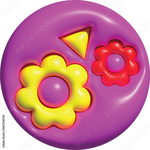 Vibrant 3D vector design with a playful, inflatable look, featuring two flowers and a triangle on a pink circle. Perfect for stickers, icons, and more.