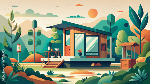 Embracing minimalism, tiny home movement highlights compact functional living, eco-friendly architecture, and sustainable design, semi-realistic abstraction blending modern elegance with timeless simp