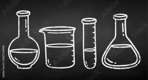 Vector illustration of chalk drawn chemistry glassware on blackboard. Isolated science doodle icons.