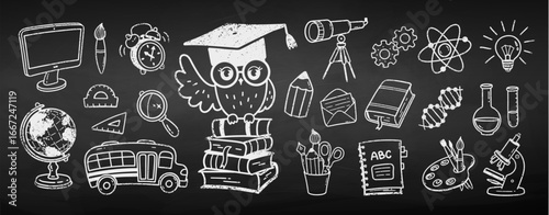 Vector illustration of hand drawn school and science doodles in white chalk on blackboard. Isolated education icon set.