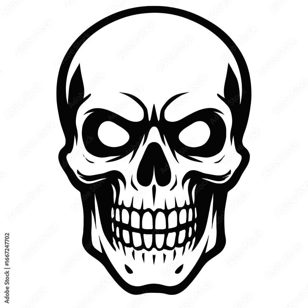 Fototapeta premium Human skull with a grim expression, a bold and detailed graphic for a spooky or grunge theme.