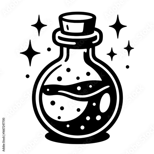 A magical potion bottle with bubbling liquid and sparkles, a whimsical illustration for fantasy and magic.