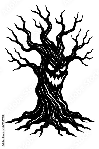 A twisted, scary tree with a creepy face, a classic symbol for Halloween and horror.