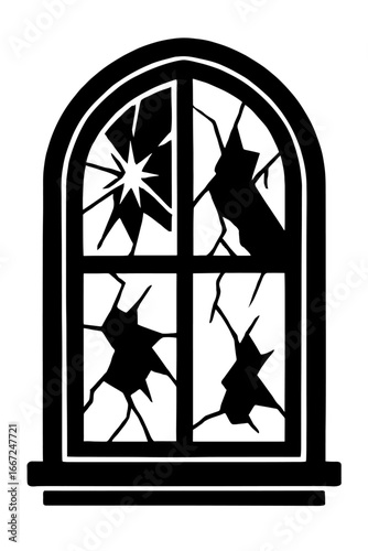 A broken window with shattered and cracked glass in a Gothic frame, a symbol of decay and mystery.