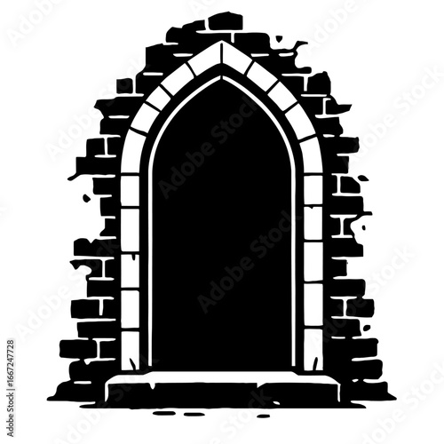 An ancient, ruined Gothic archway made of stone and bricks, a classic symbol of history and mystery.