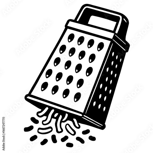 Classic box cheese grater with shredded cheese falling out, a kitchen tool for cooking and preparing food.