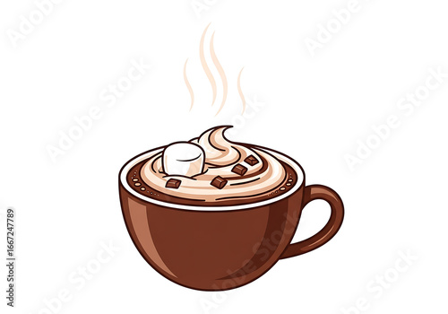 A cartoon depiction of a steaming mug of hot chocolate with marshmallow and chocolate toppings.