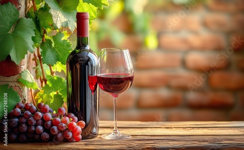 Wine Glass and Bottle in Vineyard at Sunset With Grapes and Nature Setting.