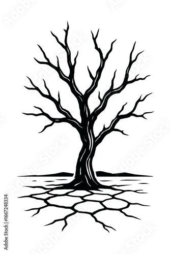 Vector illustration of a leafless, dry tree on cracked, barren ground, symbolizing drought, climate change, and environmental issues.