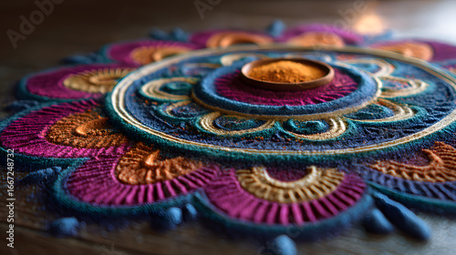 Intricate rangoli design for Diwali, colored powder rt
