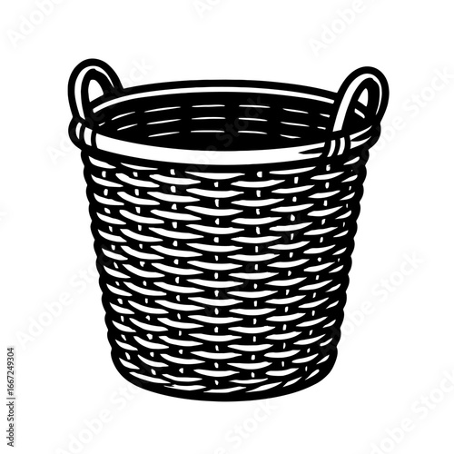 A classic and rustic hand-drawn vector illustration of an empty wicker basket with woven texture and a strong handle design.