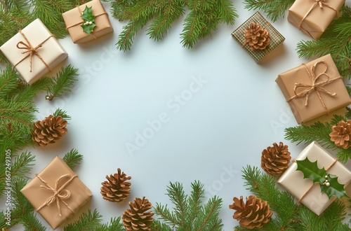 Elegant Arrangement of Wrapped Gifts and Pinecones for a Festive Holiday Cele...